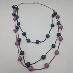 Vintage 80s Boho Layered Pink Blue Metal Necklace Charm Hippie Artsy Festival